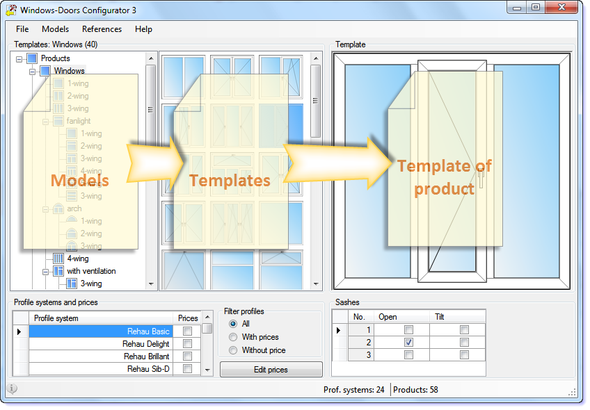 Models ans templates of windows, doors and balconies. Main form of program for windows and doors calculation